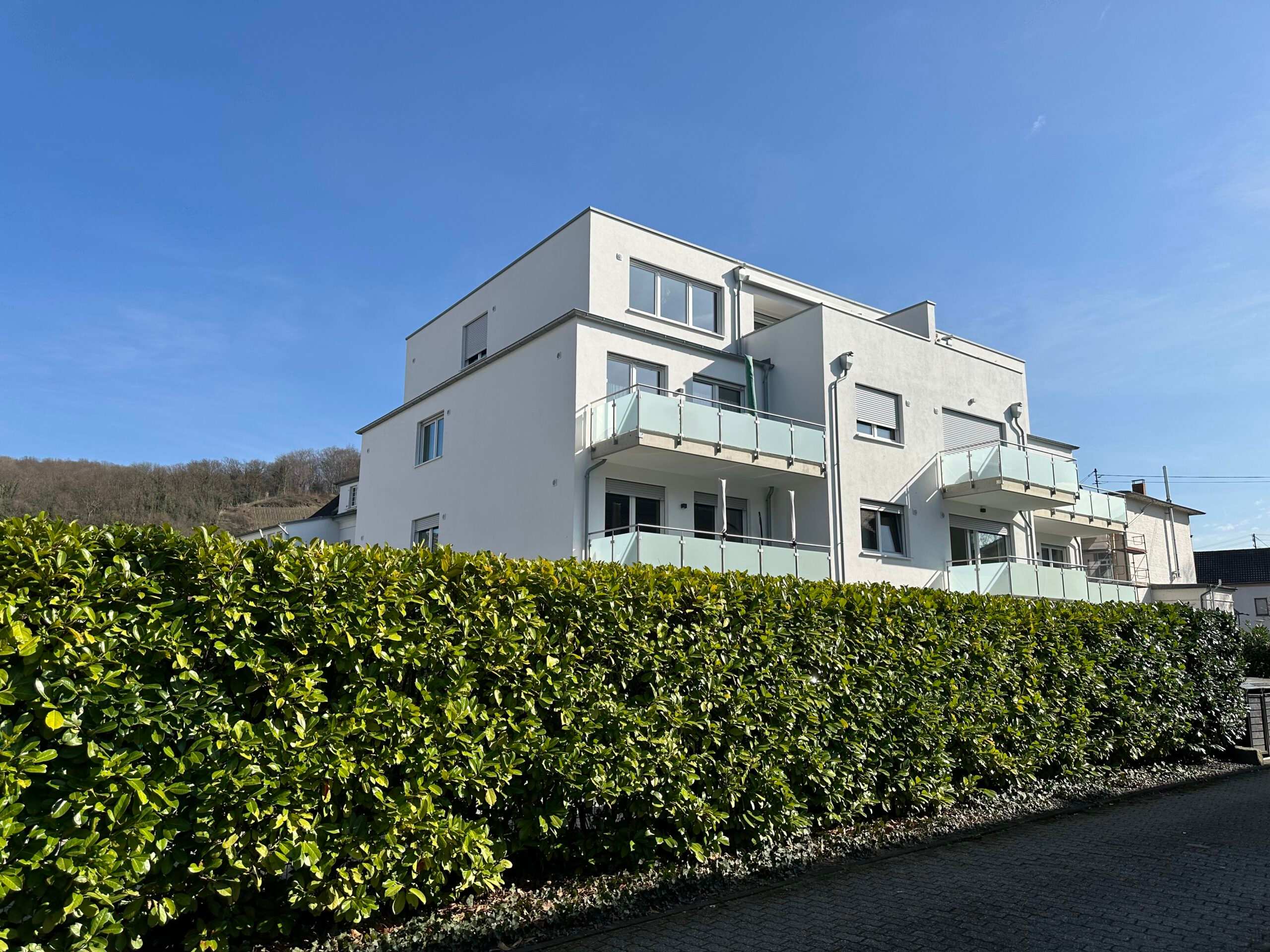 Frisch geschnittene Hecke vor einer Wohnanlage